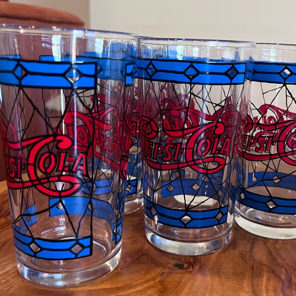 Vintage 1970s Pepsi-Cola Tiffany Stained Glass Inspired Glassware Set of 6 - Picture 7 of 9